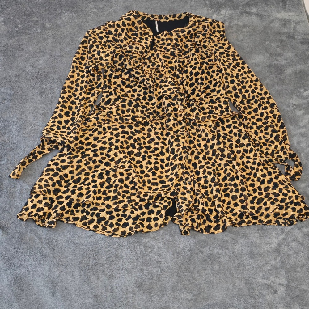 Free People‎ Leopard Print Long Sleeve Mini Wrap Dress Ruffle Hem V-Neck Burnout